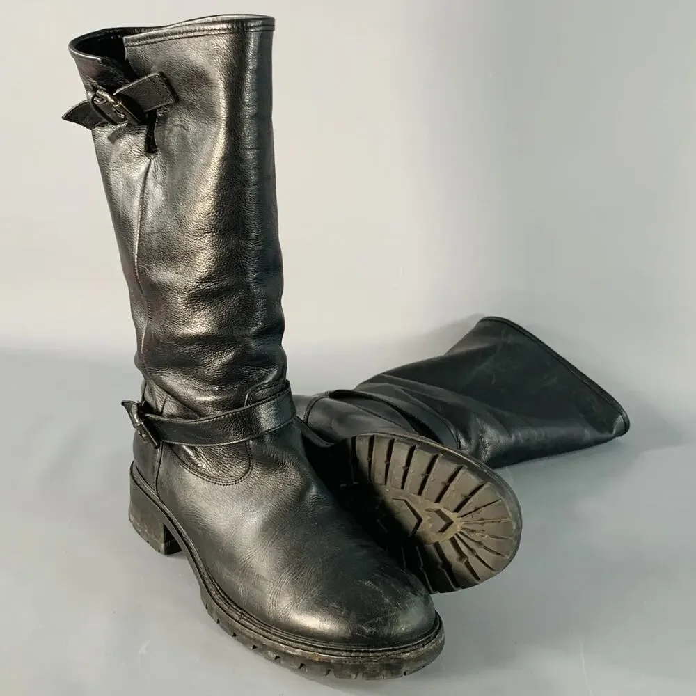 FENDI Size 9 Black Leather Shearling Lined Pull On Buckle Boots
